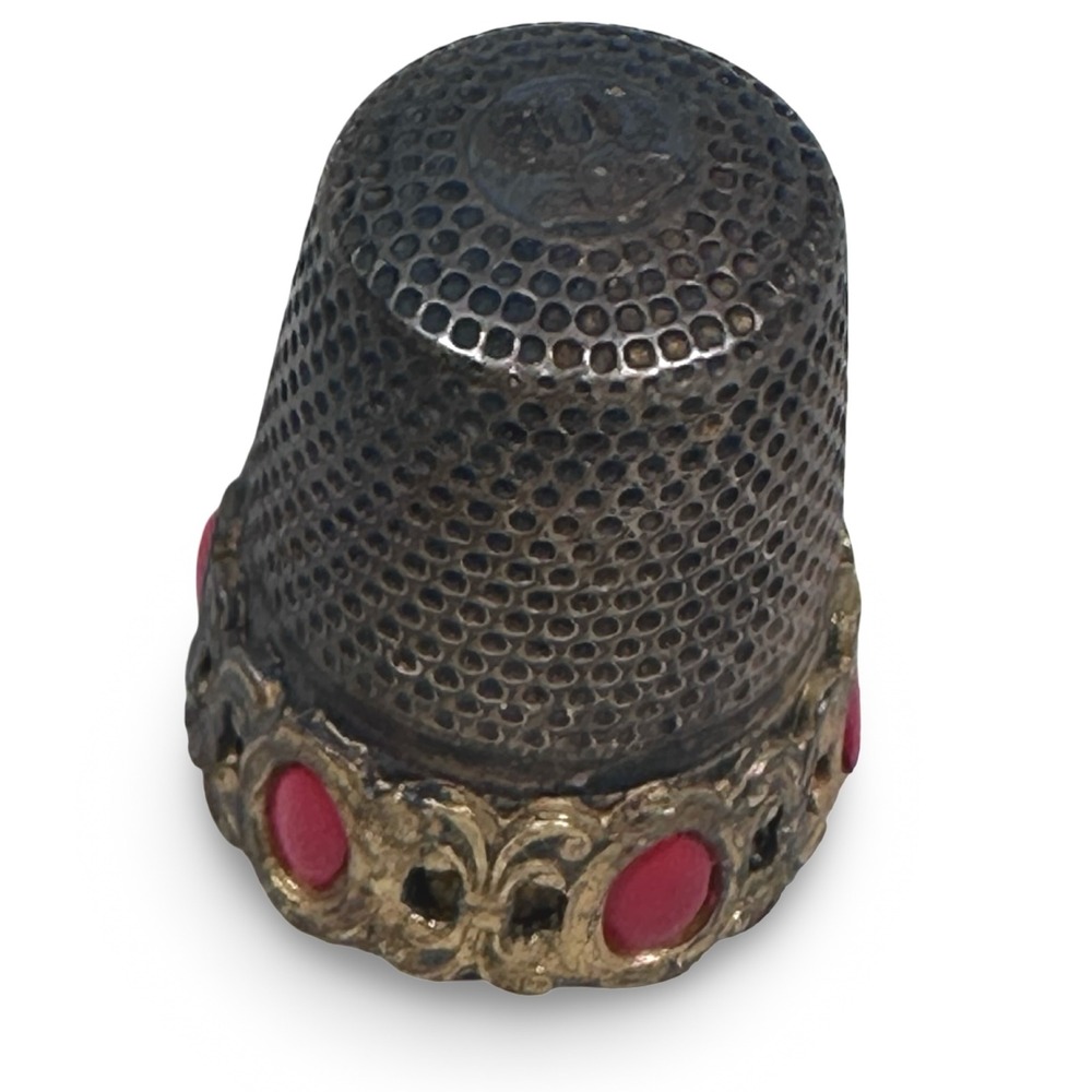 Vintage 800 Silver Italian Thimble Red Cabochon Filigree Gold Vermeil Plate